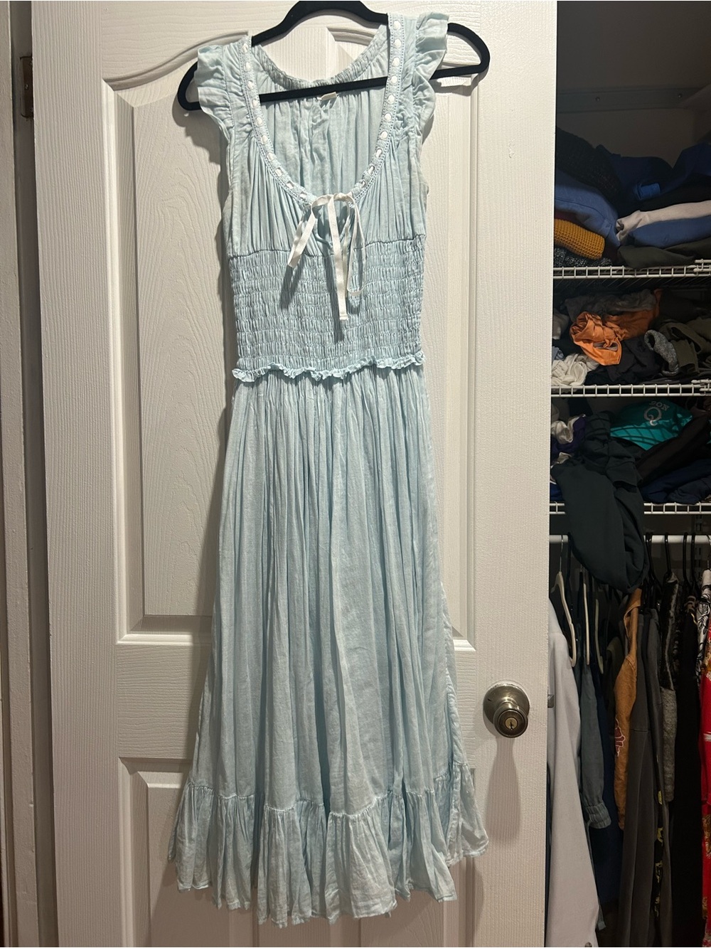 Kimchi Blue Hannah Light Blue Smocked Maxi Dress with Ruffle Straps